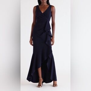 Betsy & Adam Navy V-Neck Cascading Ruffle High-Low Gown Size 10 NWT